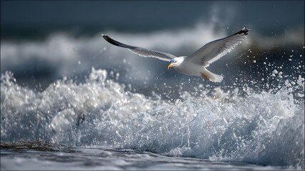 A seagull above ocean waves, splashing water, coastal wildlife action scene