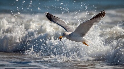 A seagull catching a fish above ocean waves, splashing water, coastal wildlife action scene