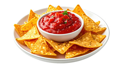 Plate of crispy triangular chips surrounding a bowl of chunky red salsa garnished with herbs