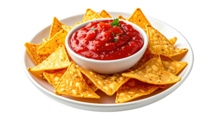 Plate of crispy triangular chips surrounding a bowl of chunky red salsa garnished with herbs