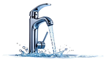 Polished chrome faucet dispensing fresh, clear water with splash and spray