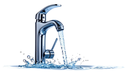 Polished chrome faucet dispensing fresh, clear water with splash and spray