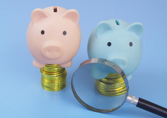Different piggy banks on gold coins stacks under magnifying glass. Different capitalization of financial funds and banks check.