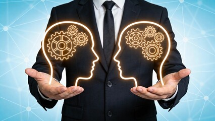 Businessman holding glowing head icons