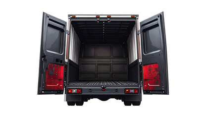 Rear view of an empty cargo van with doors open, showcasing the storage area