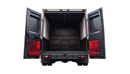 Rear view of an empty cargo van with doors open, showcasing the storage area