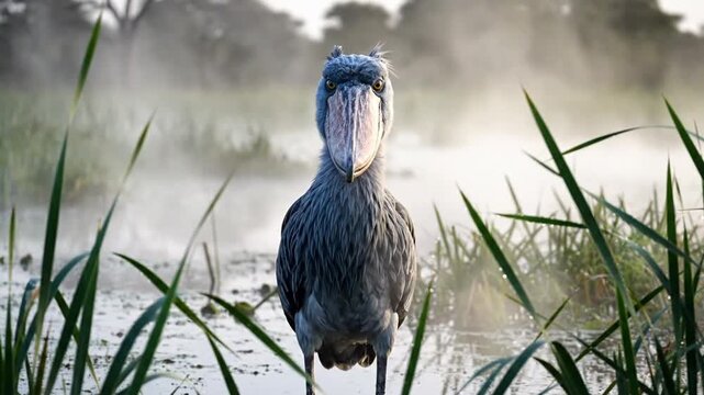 A regal Shoebill, standing in a misty marsh, framed by reeds. The bird has distinct features