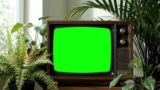 An old television with a tv green screen surrounded by lush green plants on a table indoors.