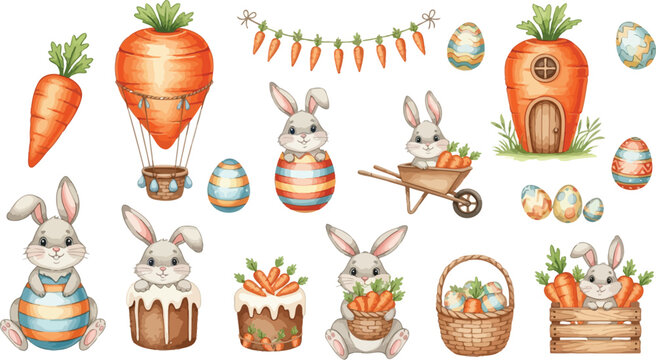 Easter bunnies and carrots with baskets and eggs illustrations