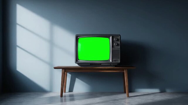 Retro TV with tv green screen on wooden table in gray room