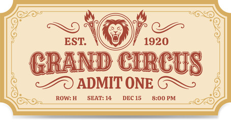 Retro circus ticket with lion emblem and ornamental frame. Gold and red colours. ©  Mariya Primakina