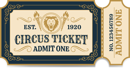 Retro circus ticket with lion emblem. Blue and gold colours. ©  Mariya Primakina