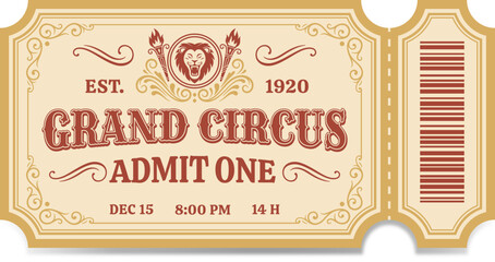 Retro circus ticket with lion emblem and ornamental frame. Gold and red colours. ©  Mariya Primakina