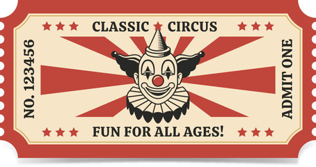 Vintage circus ticket with clown illustration. Black and red colours. ©  Mariya Primakina