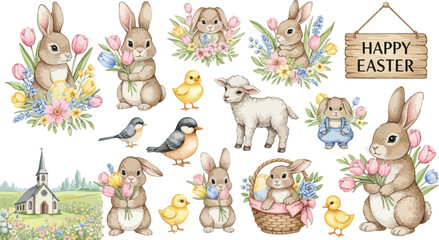 Obraz premium Easter celebration with bunnies lambs chicks and spring flowers