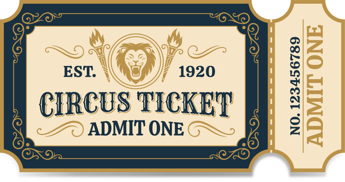 Retro circus ticket with lion emblem. Blue and gold colours.