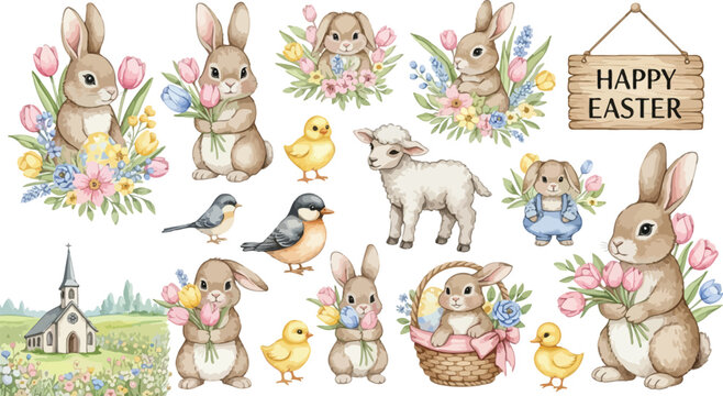 Easter celebration with bunnies lambs chicks and spring flowers
