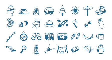 Fototapeta premium Hand Drawn Camping Icons Set with Outdoor Adventure and Survival Elements