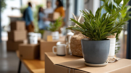 Faceless family arranging furniture in new home surrounded by moving boxes and potted plant, atmosphere filled with excitement and anticipation as they settle in, defocused people, with copy