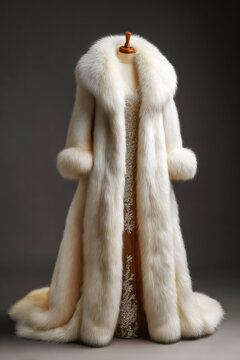Luxury full length white fur coat for women displayed on a mannequin over an elegant lace evening dress in a dark studio setting with dramatic lighting.