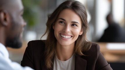 Faceless smiling female manager interviewing applicant in office, professional hiring process, employment recruitment meeting, job candidate discussion, defocused faces, with copy space