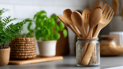 Jar of wooden utensils with potted plants in modern kitchen setting, culinary tool storage, botanical kitchen decor, contemporary home styling, cooking implement display, with copy space