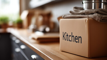 Closeup of moving box labeled kitchen in blurred interior setting, conveying sense of organization and preparation for relocation, domestic packing, household moving supplies, with copy space