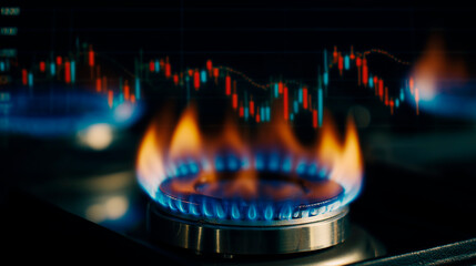 Close up photo shows gas burner flames against stock chart background. Concept image relates to energy crisis high prices in global market. Financial topic about energy cost and economy