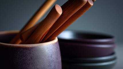 Utensil holder in deep purple with slightly textured matte finish for stylish kitchen counter, culinary tool storage, cooking implement organizer, kitchen accessory display, with copy space