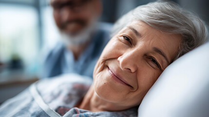 Faceless elderly woman resting in hospital bed with smiling caregiver in background, representing care compassion and importance of elderly healthcare support, defocused faces, with copy space