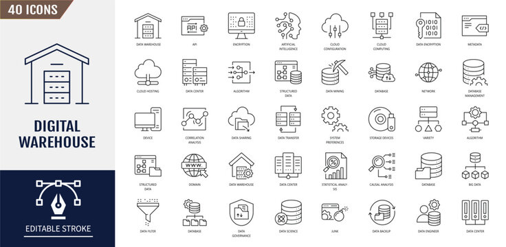 Digital warehouse icon set. Warehouse, storage, inventory, supply, distribution and more. Editable stroke. Vector illustration