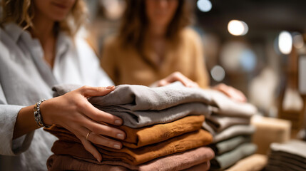 Faceless cropped female customers examining stack of organic clothing and cotton colors in eco-friendly shop showroom, light modern eco friendly fabric shop, sustainable shopping, defocused