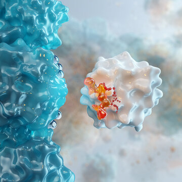 Molecular docking and protein receptor interaction. Drug discovery research, biochemical binding site, ligand molecule complex. Biotechnology, pharmaceutical science, microscopic protein 3D structure
