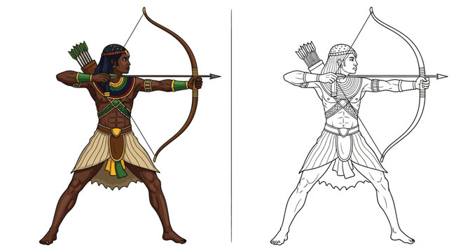 Ancient Marksman Archer Aiming Bow and Arrow Ready to Shoot in Traditional Warrior Combat Pose