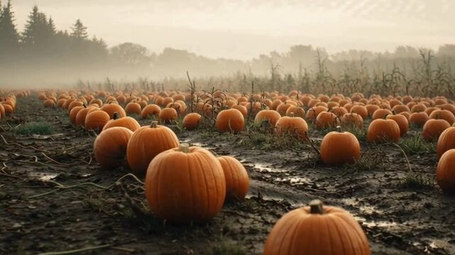 Pumpkins Growing in an Autumn Pumpkin Patch Field with Morning Fog