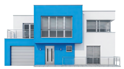 Modern Blue and White House with Garage and Balcony