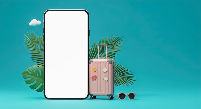 Preparation for travel with a suitcase, sunglasses, and a large phone on a blue background