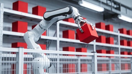 Robot arm handling red box in warehouse