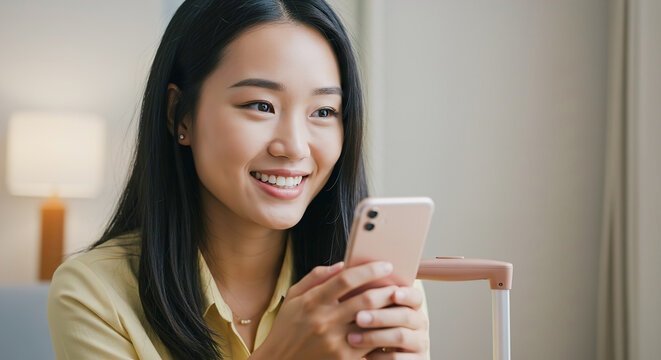 Woman using mobile phone while sitting next to luggage in a hotel room during daytime