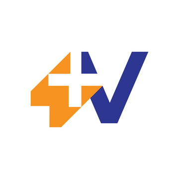 this is a flat logo design that depicts an initial letter V with a plus sign in dark blue and bright orange color on a white background