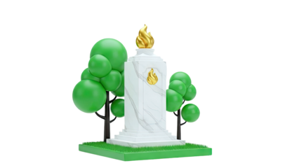 Monument with Golden Flame and Stylized Trees