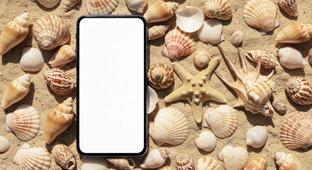 Shells and smartphone lying on sandy beach during bright daylight