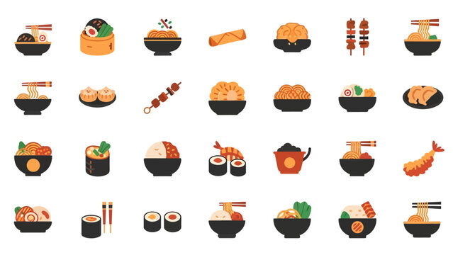 Asian Food Vector Icon Set, Japanese and Chinese Cuisine Icons, Ramen, Sushi, Dim Sum, and Noodle Bowl Illustration