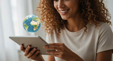 Fototapeta premium Woman using tablet to interact with digital globe in a bright indoor setting