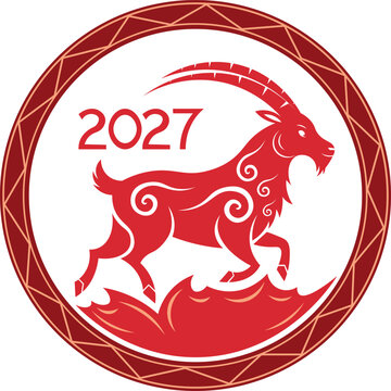 Logo red goat with decorative ornament. Geometric frame. Chinese zodiac art. Vector. Year of the Goat. Fire Goat 2027. Ornament red fire goat. New Year 2027. Prints, posters, cards, calendars, banners