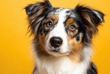 Close Up Portrait Of A Dog With Snow On Its Fur Against A Yellow Background Studio Shot