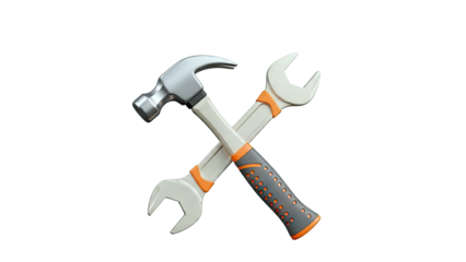 Hammer and wrench crossed on a white background