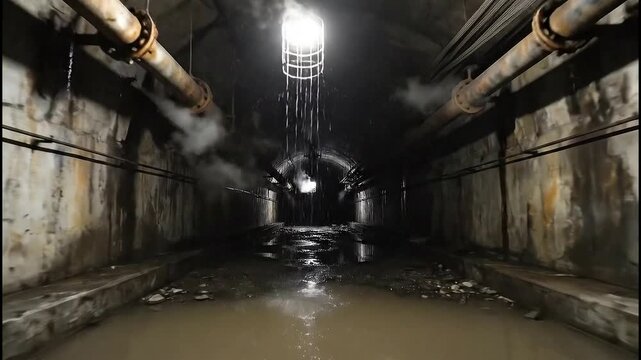Abandoned flooded underground tunnel with pipes and steam.