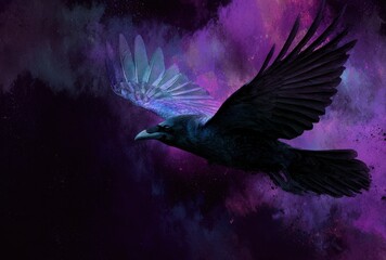 Obraz premium Digital Artwork Of A Black Raven Bird In Flight Against A Vibrant Purple And Pink Nebula Background With Starfield