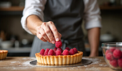 A professional pastry chef places fresh raspberries on top of a tart in the kitchen.
